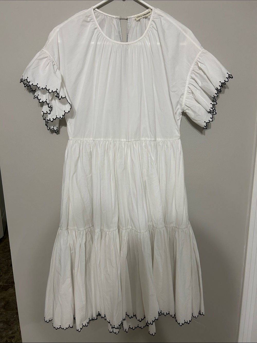 ULLA JOHNSON White Tiered Cotton Dress with Black Trim